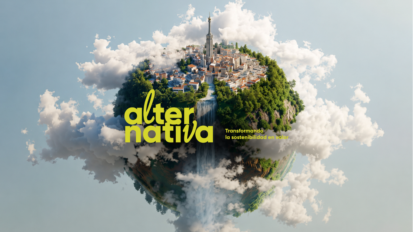 Planeta flotante con una ciudad y una cascada. Logotipo de Alternativa: transformando la sostenibilidad en valor.